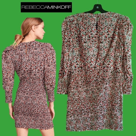REBECCA MINKOFF NEW TABBY Floral Smocked Puffed Long Sleeve Dress L - Picture 7 of 11